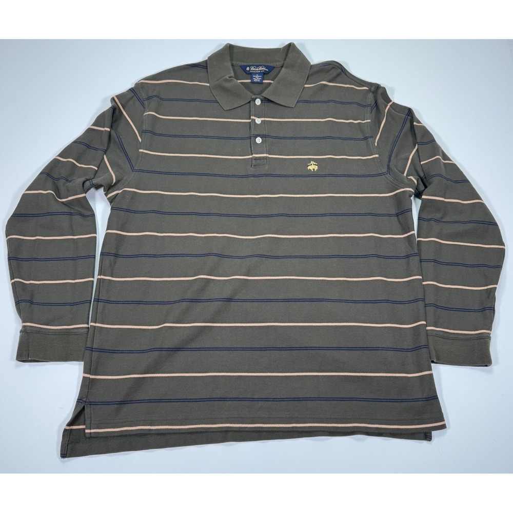 Brooks Brothers Mens XL Olive Green Striped Long Sleeve Performance Knit Polo